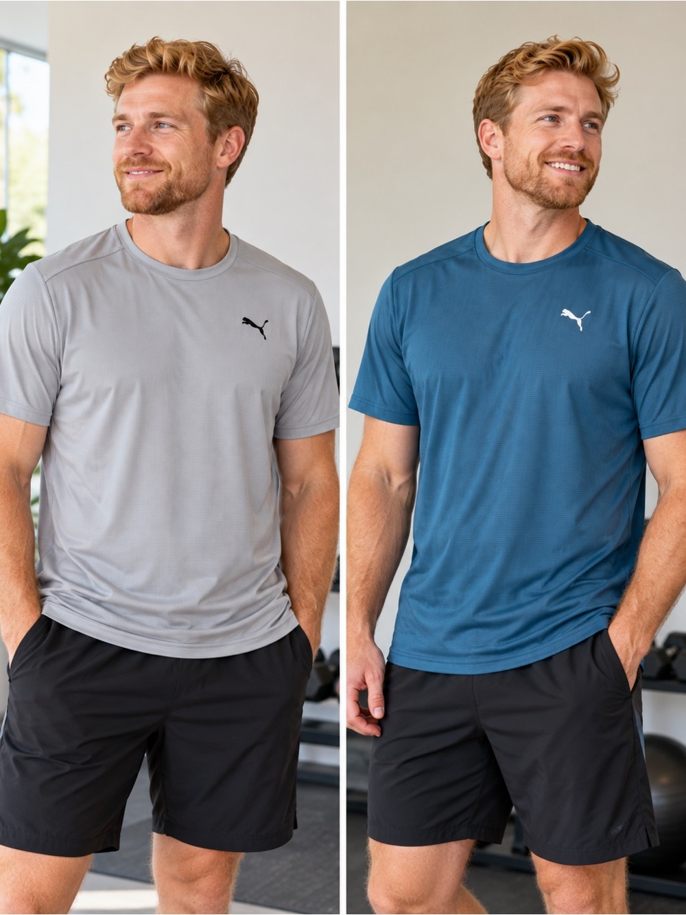 Set of Two Puma Men’s Short-Sleeve Athletic Tees - Teal Blue & Light Gray Size L